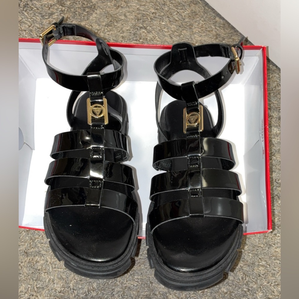 Guess Black Patent Strappy Sandals